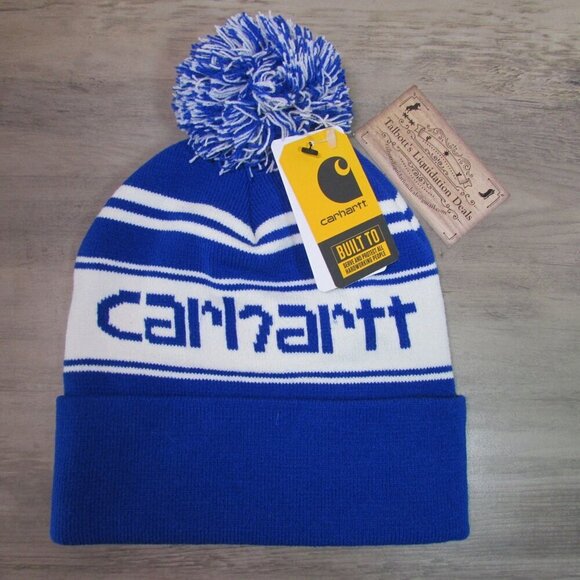 Carhartt Knit Pom Pom Cuffed Logo Beanie Stocking Cap Hat Blue/White AH5168 - Picture 1 of 3